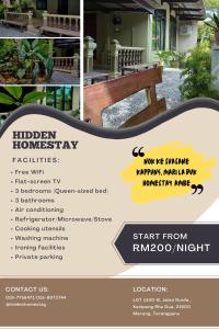 a collage of four pictures of a flyer with a bench at Hidden Homestay in Marang