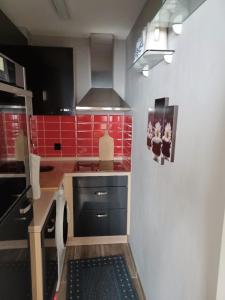 cocina con fogones y azulejos rojos en Ferien-Appartement Vier Jahreszeiten, en Freyung