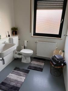 een badkamer met een toilet, een wastafel en een raam bij Ferienwohnung in TOP Lage von Aalen in Aalen