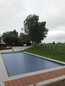 a swimming pool in a yard with a tree at Handbooghoeve Leffinge in Leffinge