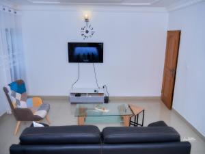 a living room with a couch and a tv at NAIVELI-PALM Appartement meublé sobre et chic in Douala