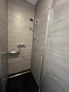 baño con ducha y puerta de cristal en Ferienwohnung Pätschow, en Groß Polzin