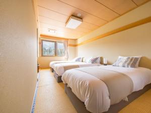 a row of beds in a room with a window at Red Fox Lodge Myoko in Myoko
