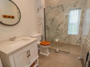 une salle de bain avec toilettes, lavabo et miroir dans l'établissement High Barns Cottage, à Morpeth 17 autres photos