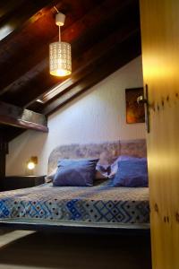 a bedroom with a large bed with blue pillows at La Casa Suites Albaredo di Rotzo 