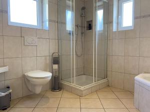 a bathroom with a shower and a toilet and a sink at WA110 - Große Monteurunterkunft in Wackersdorf in Wackersdorf