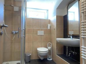 a bathroom with a toilet and a sink at WA110 - Große Monteurunterkunft in Wackersdorf in Wackersdorf +2 photos