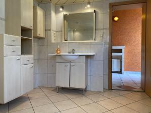 a bathroom with a sink and a mirror at WA110 - Große Monteurunterkunft in Wackersdorf in Wackersdorf
