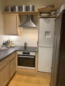 a kitchen with a white refrigerator and a stove at Central London (West End) two bedroom flat in London