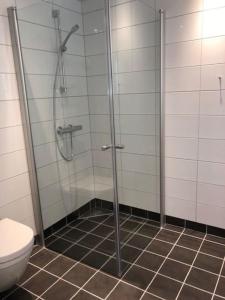 une cabine de douche dans une salle de bain avec toilettes dans l'établissement North Estate Kræmer Brygge, à Tromsø