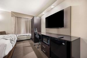 ein Hotelzimmer mit einem Bett und einem Schreibtisch mit einem TV in der Unterkunft Sleep Inn Athens I-65 in Athens