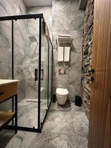 a bathroom with a toilet and a glass shower at Berfinn Hotel Ortaköy in Istanbul