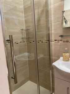 a shower with a glass door next to a sink at The Sandrock in Clacton-on-Sea