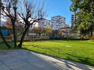 ein Park mit einem Baum, Gras und Gebäuden in der Unterkunft Renovierte Ferienwohnung im Zentrum von Locarno in Locarno