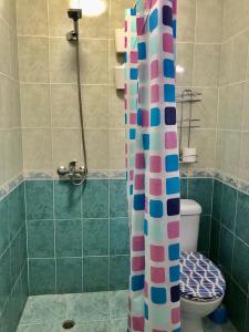 a bathroom with a shower curtain and a toilet at Supreme appartment in Balchik