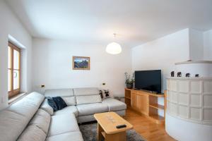 - un salon avec un canapé et une télévision dans l'établissement Mountain Living Apartment Idylia, à Ortisei