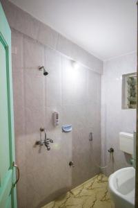 een badkamer met een douche, een wastafel en een toilet bij THE TURQUOIISE HOUSE in Morjim