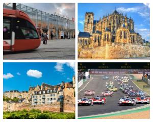 four different pictures of cars in a race in front of a church at L'appart K-psule - Design, tout confort, centre-ville, 3 pers in Le Mans