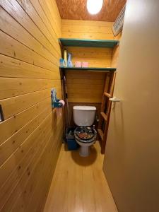 a small bathroom with a toilet in a wooden wall at Val Thorens Condo in Val Thorens