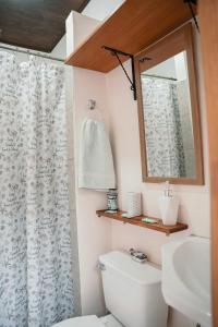 a bathroom with a toilet and a sink and a mirror at Apartamentos y Studios Brisas del Mar Santa Teresa in Santa Teresa Beach +41 photos