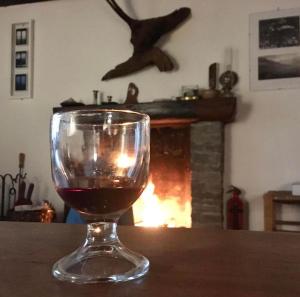 ein Glas Wein auf einem Tisch mit Kamin in der Unterkunft Casa Bruja Tradizionale Rustico Ticinese in Mergoscia