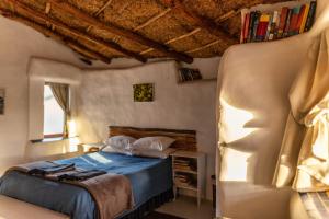 ein Schlafzimmer mit einem Bett und einem Bücherregal in der Unterkunft Oudrif Strawbale Retreat in Clanwilliam