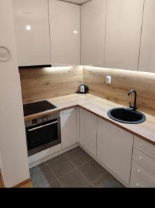 a kitchen with white cabinets and a sink at Cozy Apartment in Lukavica +7 photos