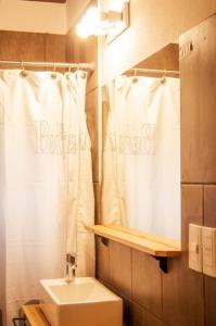baño con cortina de ducha blanca y lavamanos en Duplex a estrenar a pocos metros del gutierrez en San Carlos de Bariloche
