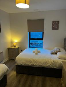 ein Schlafzimmer mit einem Bett mit einem Fenster und einem Bett sidx sidx sidx in der Unterkunft Galway Horizon Apartment in Galway