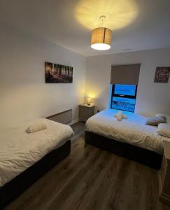 a bedroom with two beds and a light fixture at Galway Horizon Apartment in Galway