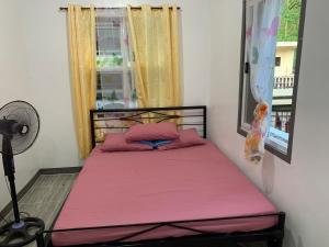 a pink bed in a room with a fan at Romblon Transient House in Romblon