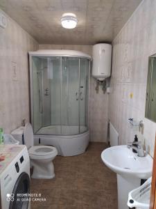 uma casa de banho com um chuveiro, um WC e um lavatório. em SunRay Guest House-Hostel em Karakol