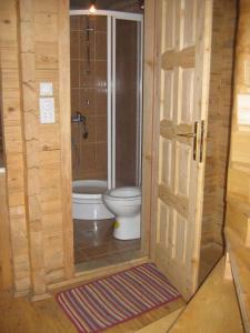 a small bathroom with a toilet and a shower at Holiday Park Zelenkovac in Podrašnica