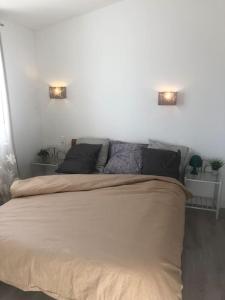 1 dormitorio con 1 cama con 2 luces en la pared en Les Micocouliers - Spacieuse maison,4chambres ,avec Jardin- Parking -Wifi en Béziers