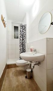 ein Badezimmer mit einem Waschbecken, einem WC und einem Spiegel in der Unterkunft ELENA flat Sonnenblumen Duisburg Zentrum in Duisburg