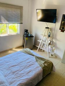 um quarto com uma cama e uma televisão de ecrã plano em La Casa de Leo Recamara 1 Villa Cardiell QROO em Playa del Carmen