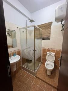 a bathroom with a shower and a toilet and a sink at Exquisite 2-Bedroom Apt in Oniru in Lagos