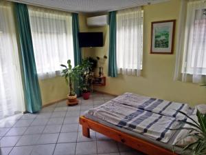 um quarto com uma cama num quarto com janelas em Jucus Vendégház em Zebegény