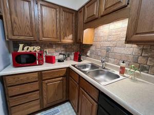 uma cozinha com um lavatório e um micro-ondas em The Red Door 2-bedroom townhouse near VT & RU em Radford