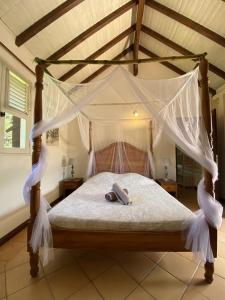 a bedroom with a canopy bed with mosquito net at Le relais de la montagne Pelée in Le Morne Rouge