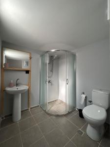 W łazience znajduje się prysznic, toaleta i umywalka. w obiekcie EvergreenGlamping w mieście Kumluca