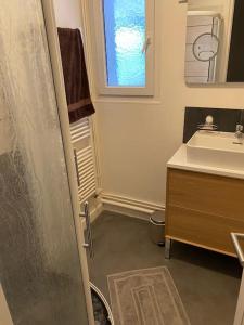 a bathroom with a shower and a sink and a mirror at Maison confortable pour 10 personnes avec jacuzzi in Houlgate