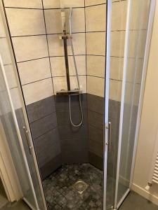 a shower with a glass door in a bathroom at Maison confortable pour 10 personnes avec jacuzzi in Houlgate