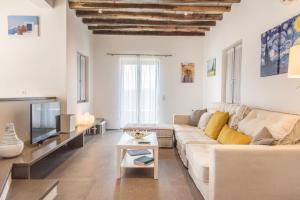 a living room with a couch and a tv at Tinos Pigeon House by TinosHost in Tzádhos