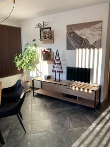 a living room with a tv and a table at Ferienwohnung Gritsch in Jerzens