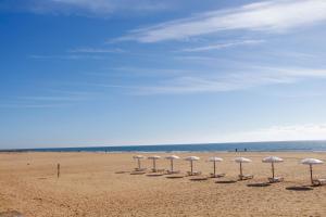 una fila di ombrelloni bianchi su una spiaggia di Monte da Praia a Monte Gordo