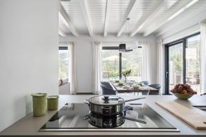 una cucina con piano cottura e pentola sul bancone di 3 Bedroom Modern Villa, Pool, Savoca, East Sicily a Casalvecchio Siculo