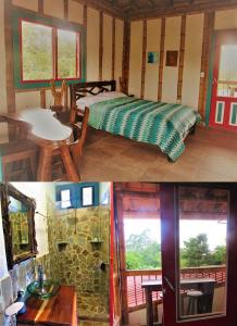 1 dormitorio con 1 cama y 1 habitación con ventana en La Madremonte, en Filandia