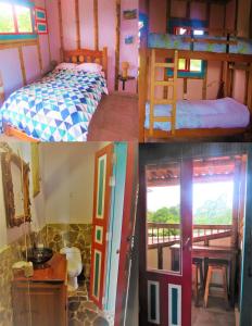 four pictures of a room with a bed and a bathroom at La Madremonte in Filandia