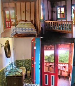 three pictures of a room with a bed and a door at La Madremonte in Filandia